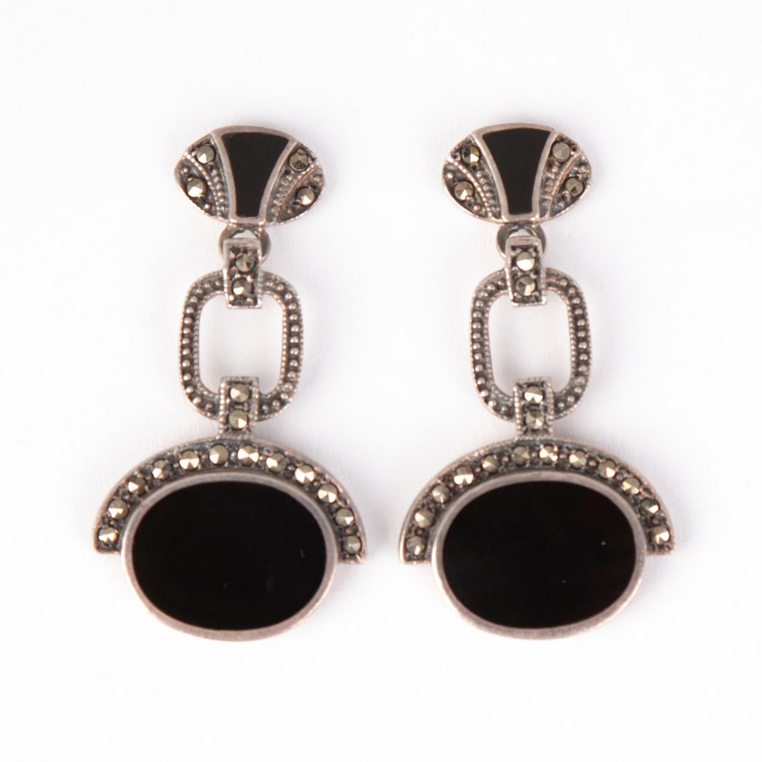 Jewelry Art Deco Style Earrings: Sterling Silver, Enamel & stones: A pair of sterling silver earrings with black enamel and possibly Marcasite, stamped. Note: there are no earring backings. Display/box not included.