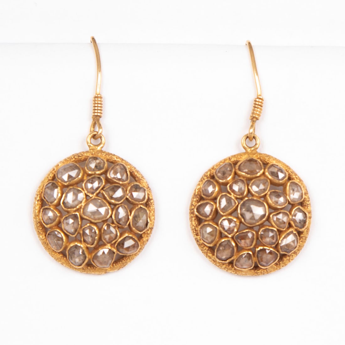 Jewelry: 18k Yellow Gold and Diamond Dangle Earrings: 18k yellow gold rose cut diamond earrings with 38 bezel-set rose-cut diamonds, SI-1 to I-1, colors average O-P, weighs 8.8 grams. Display/box not included.