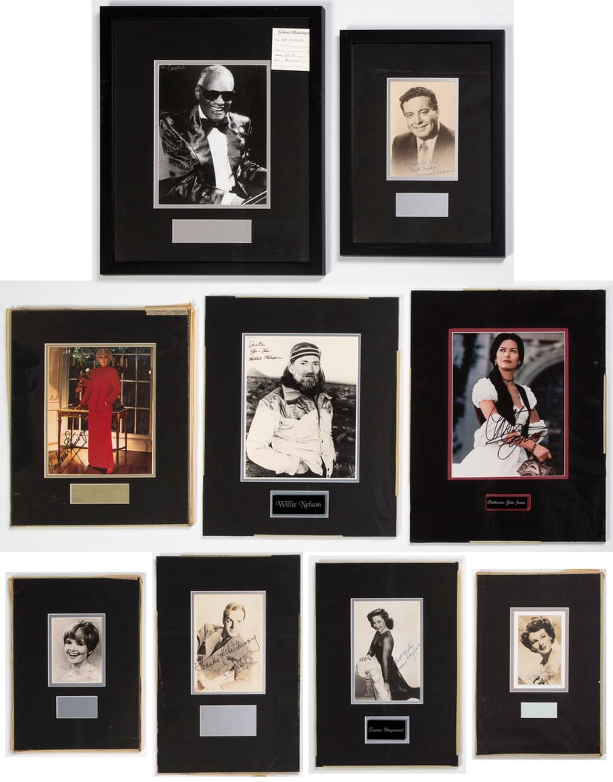 Entertainment Memorabilia: Autographs (nine): A collection of nine black & white photos or movie stills, all autographed in ink, some dedicated as well, included are Bob Hope, Barbara Stanwick, Catherine Zeta-Jones, Willy Nelson, Ray Charles, Sus