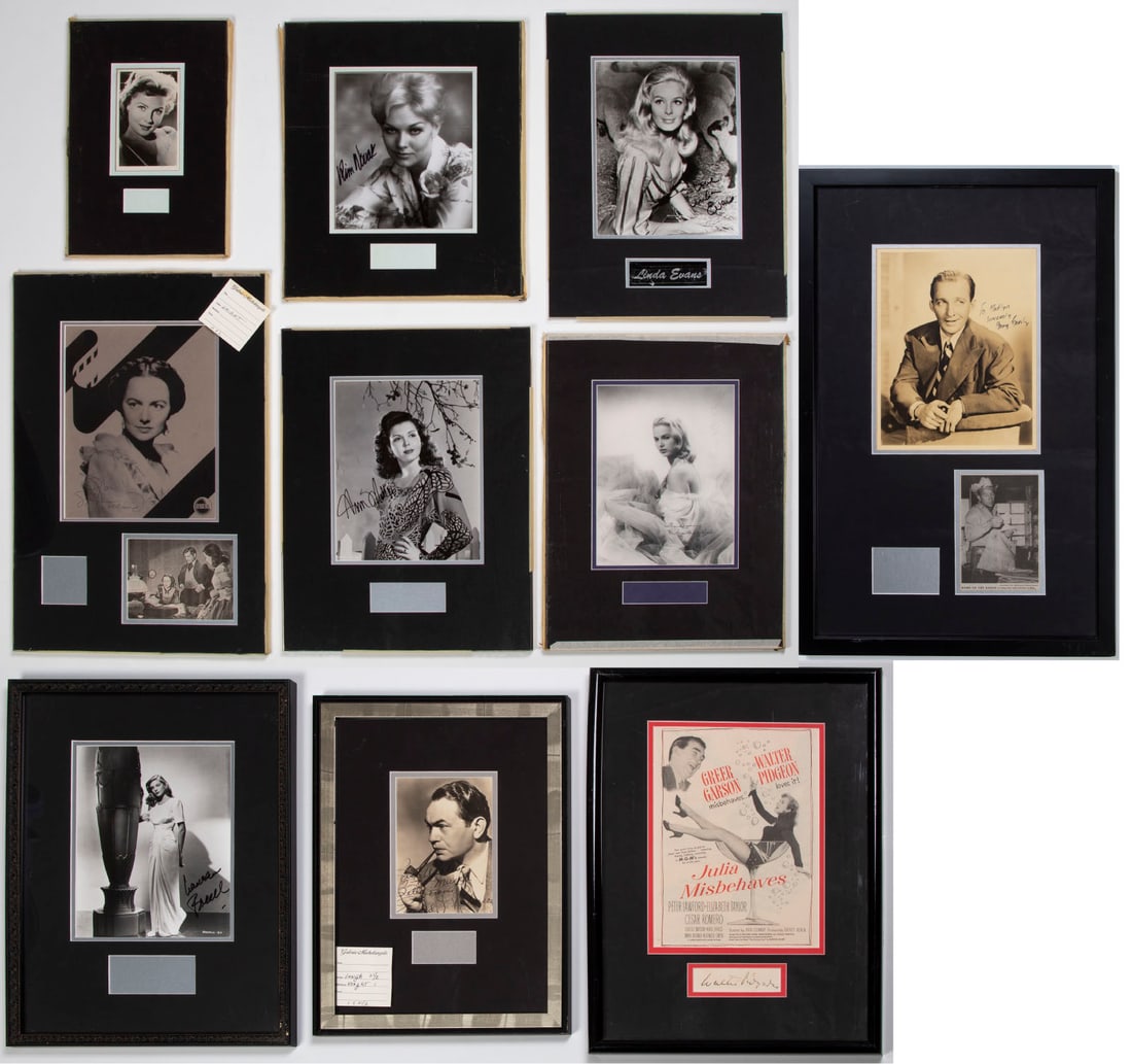 Entertainment Memorabilia: Autographs (ten): A collection of nine black & white photos or movie stills each autographed in ink, included are Lauren Bacall, Bing Crosby, Edward G. Robinson, Kim Novak, Ann Miller, Linda Evans, Martha Hyer, Rhonda
