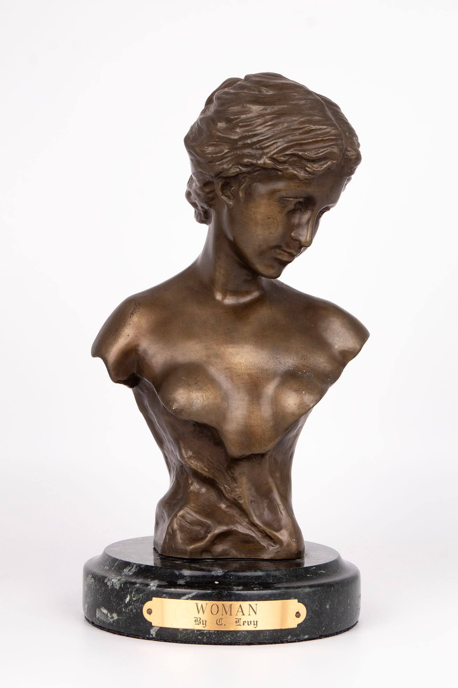 after Charles Octave Levy (1820-1899) French: JEUNE FILLE, cast bronze sculpture with golden patina, signature in design lower right side of torso, mounted to marble, overall 10 ¼” tall.
