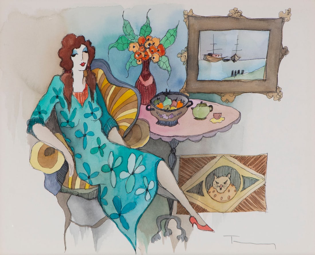 Itzchak Tarkay (1935-2012) Israeli: A SOFTNESS IN HER EYES, watercolor on paper, signed lower right, 15 x 18 ½”, frame 28 ½ x 32 ½ x 2 ½”.