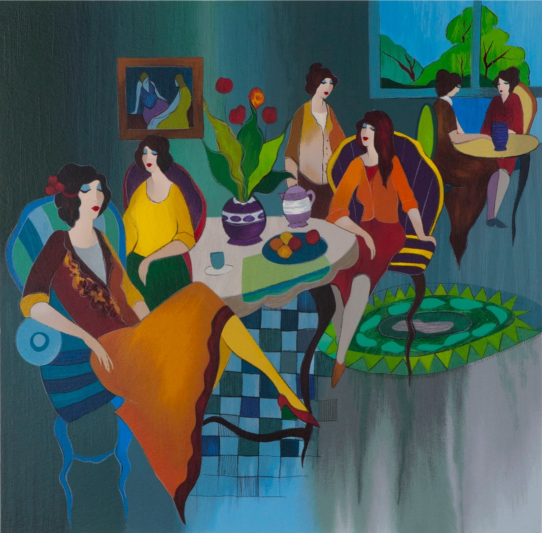 Itzchak Tarkay (1935-2012) Israeli: LUNCH IN THE BLUE, color screenprint, signed and numbered 334/450 in pencil, image 18 x 18”, frame 33 x 32 ½”.