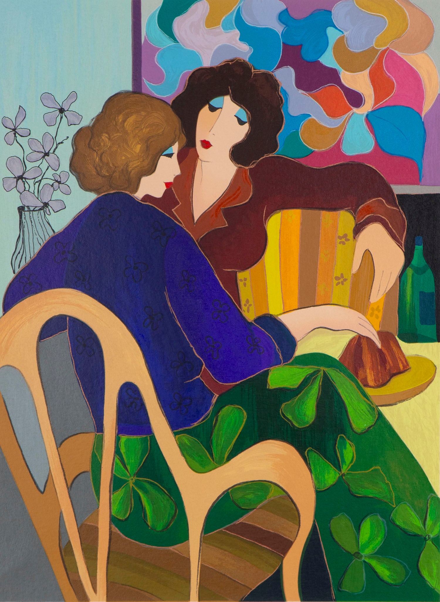 Itzchak Tarkay (1935-2012) Israeli: SUNDAY AT LUNCH, color screenprint, signed and numbered 47/150 in pencil, image 17 x 13”, full margins, frame 31 x 26”.