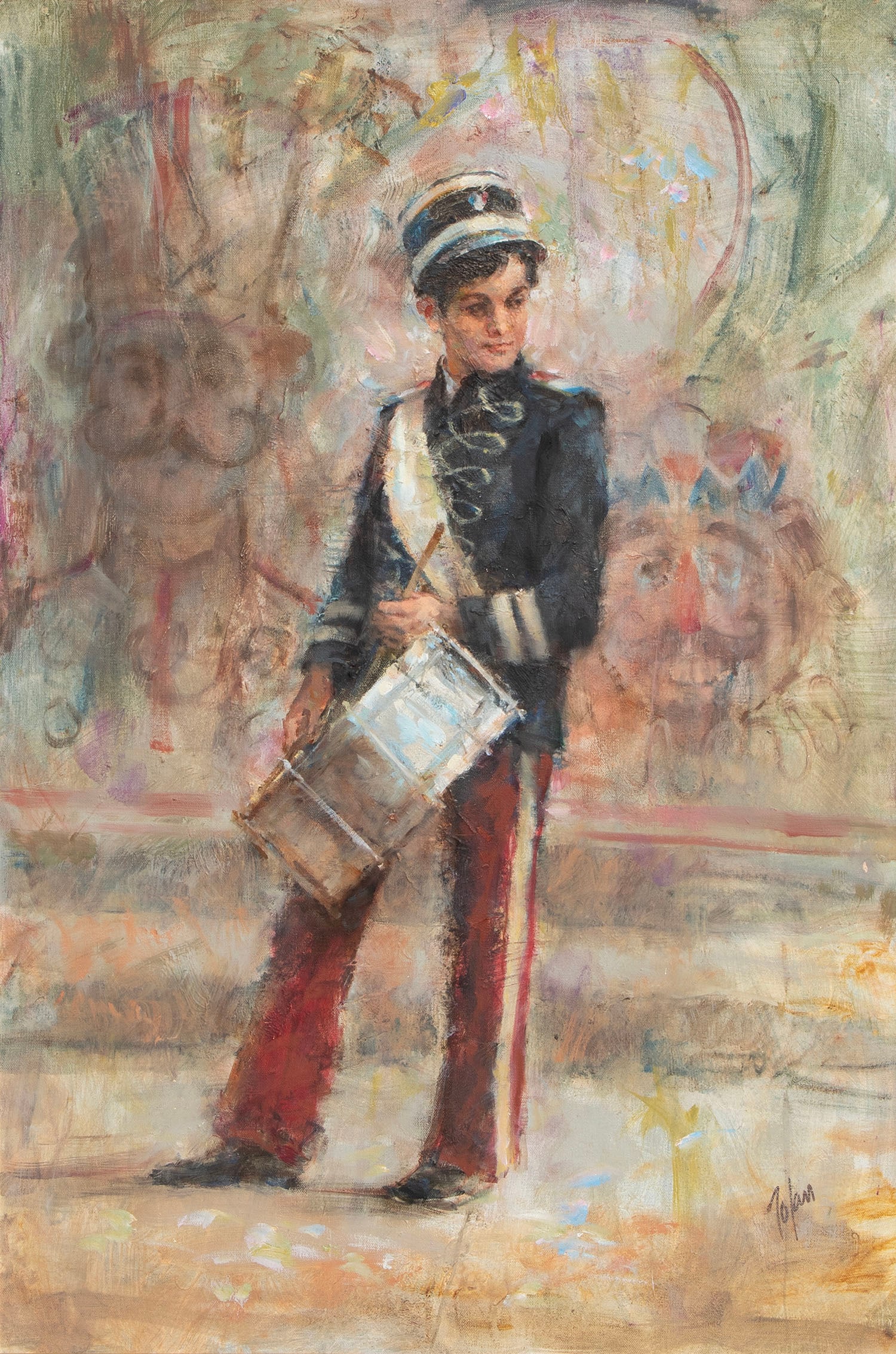 Richard Zolan (1931-2001) Massachusetts: DRUMMER BOY, oil painting on canvas, signed lower right, 36 x 24”, frame 44 ½ x 32 x 2 ¼”.