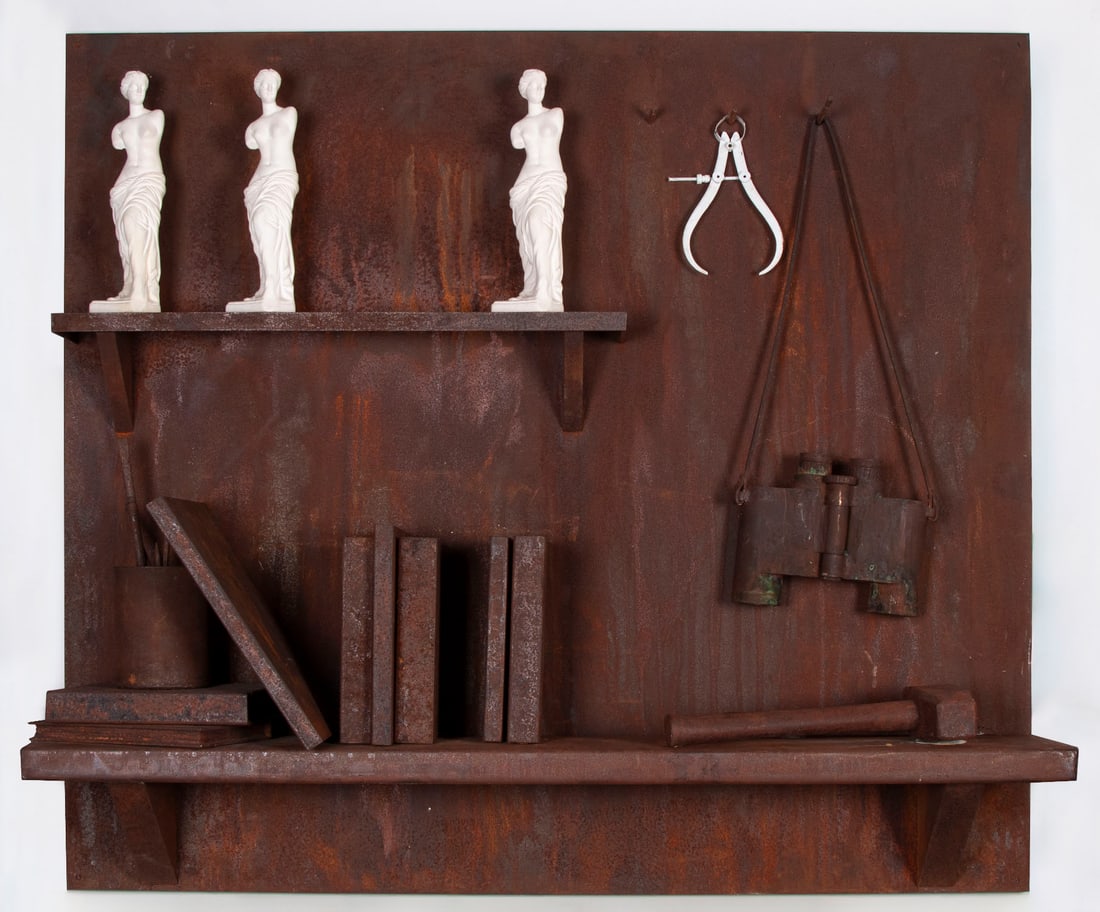 Rod Baer (20 th Century) California: CRITICAL MYTH, rusted steel construction with three paster Venus figures (one loose two attached), most items loose and some attached (see photographs), a signature not found, overall 36 x 40 x 10&rdq