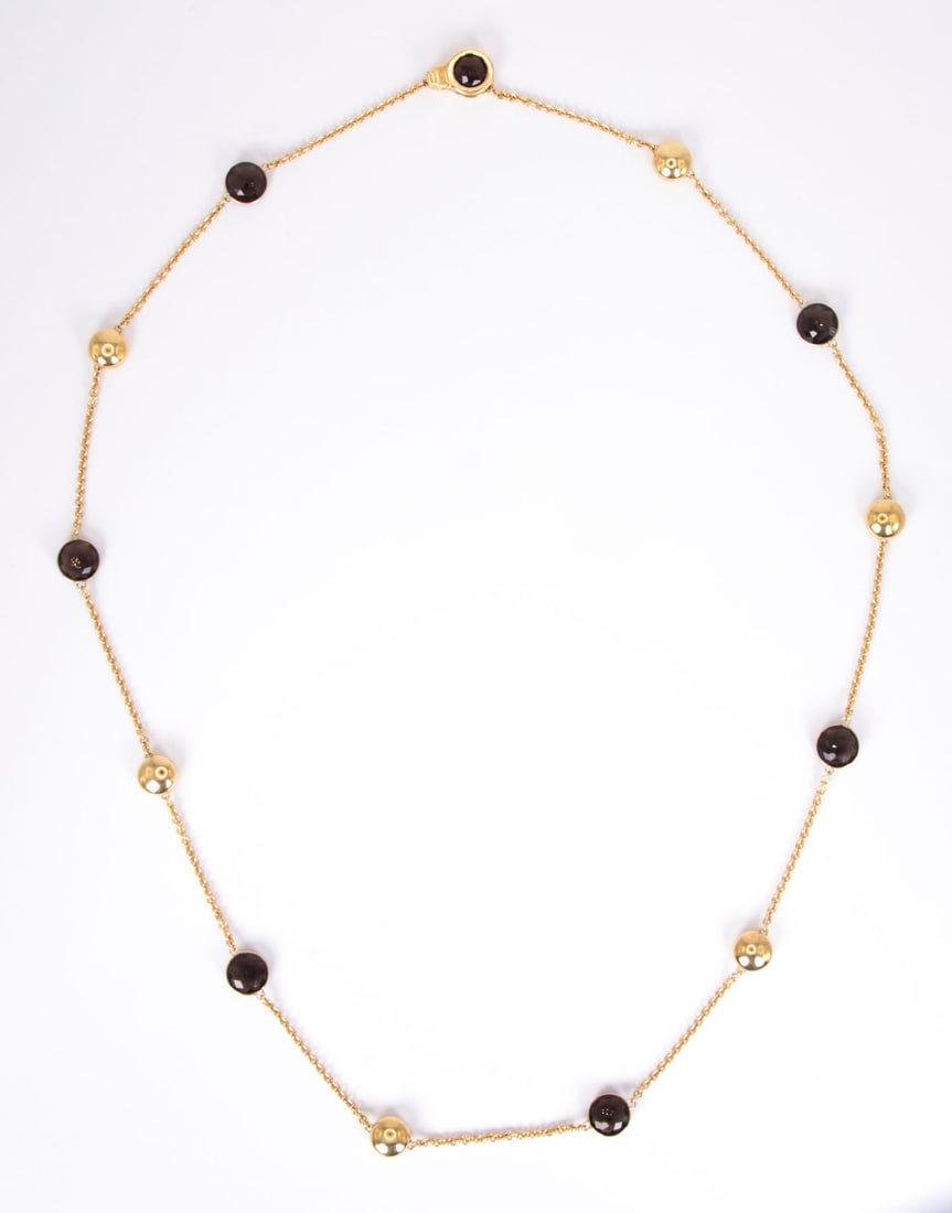 Jewelry: Chimento 18k Chain Link & Gemstone Necklace: Chimento 18k yellow gold chain link necklace, round gold ball links & smoky topaz gemstones and diamond on clasp, hallmarked, stamped 408 VI and 750, open length 31 ½”, weighs 38 grams to