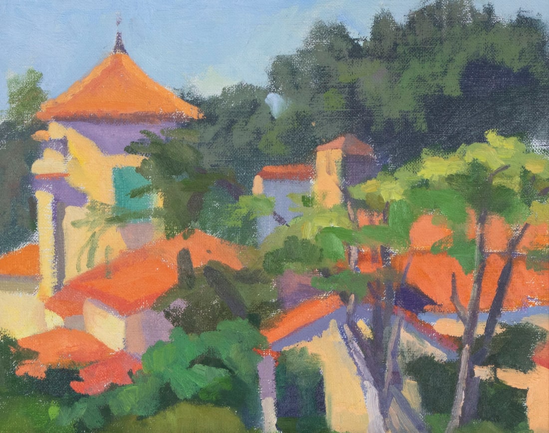 Pacific Palisades Collection: Judy Howells (20 th Century) California: BEL AIR BAY CLUB, acrylic painting on canvas board, a signature not found/ signed on verso?, 8 x 10”, frame 12 x 14”.