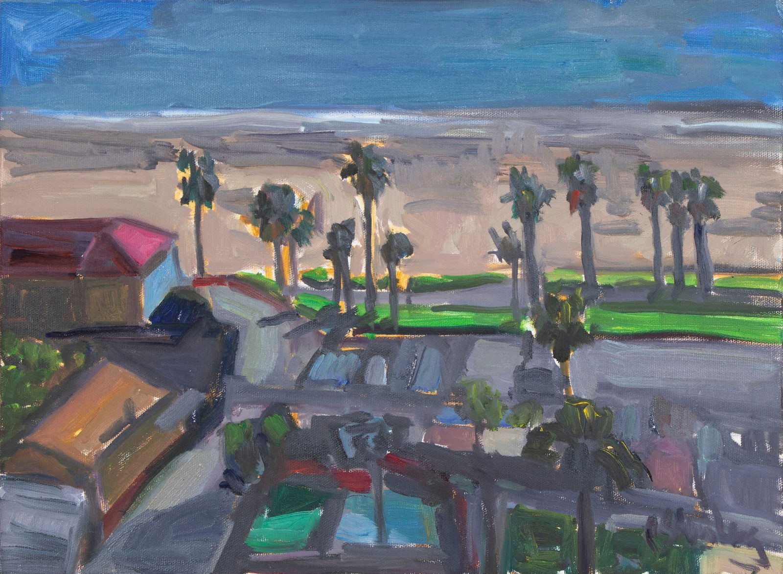 Pacific Palisades Collection: Artist Unidentified: VIEW OF PALM TREES AND HOUSES, acrylic painting on canvas board, signed lower right, 12 x 16”, frame 13 ¼ x 17 ¼”.
