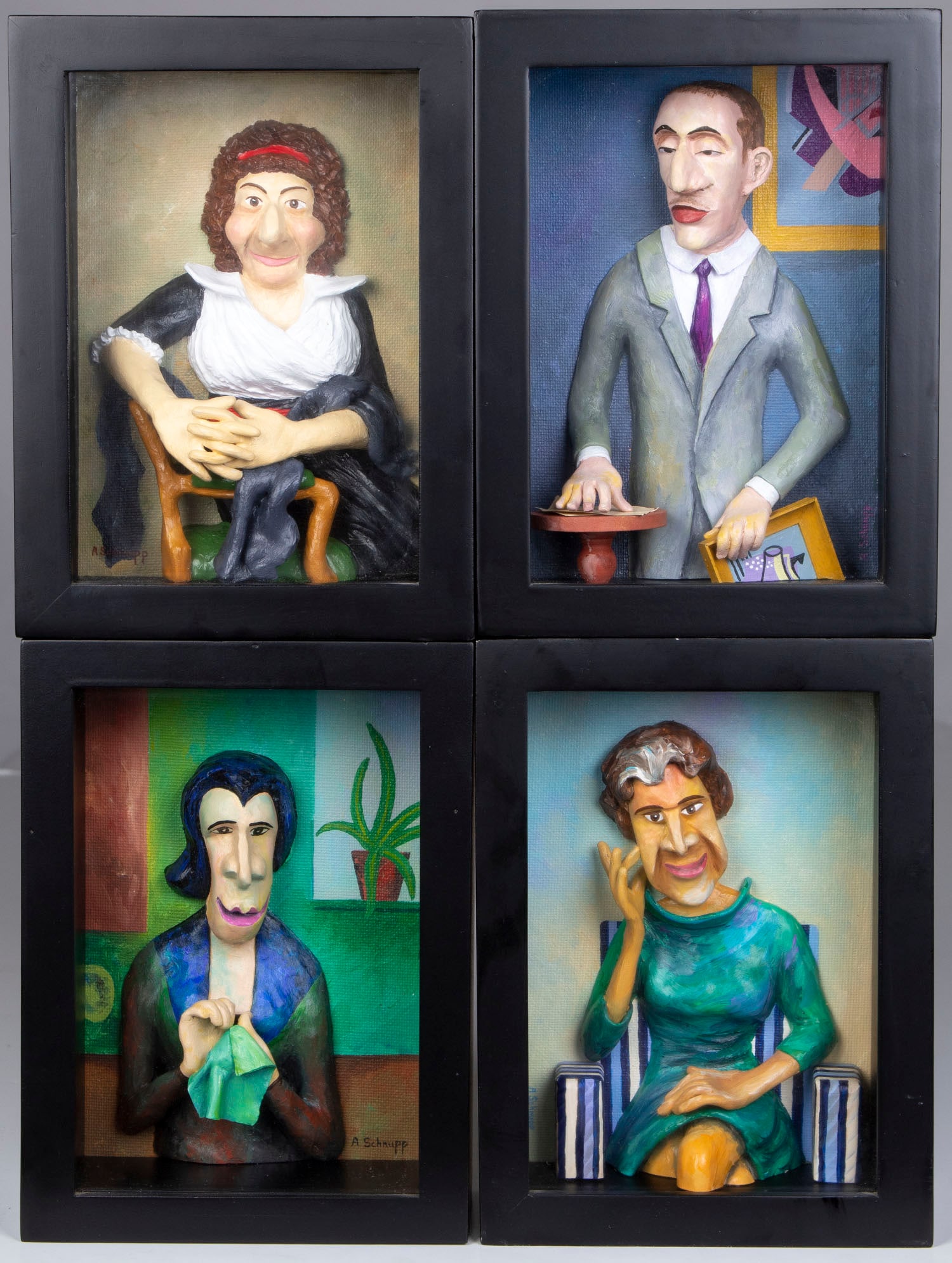Al Schnupp (20 th Century) California (four): PORTRAITS BY GREAT ARTISTS II: Louis David; Otto Dix; Erich Heckel; Alice Neel, four mixed media sculptures, each signed, each in 7 ¾ x 5 ¾ x 2 ¾” frame with glass.