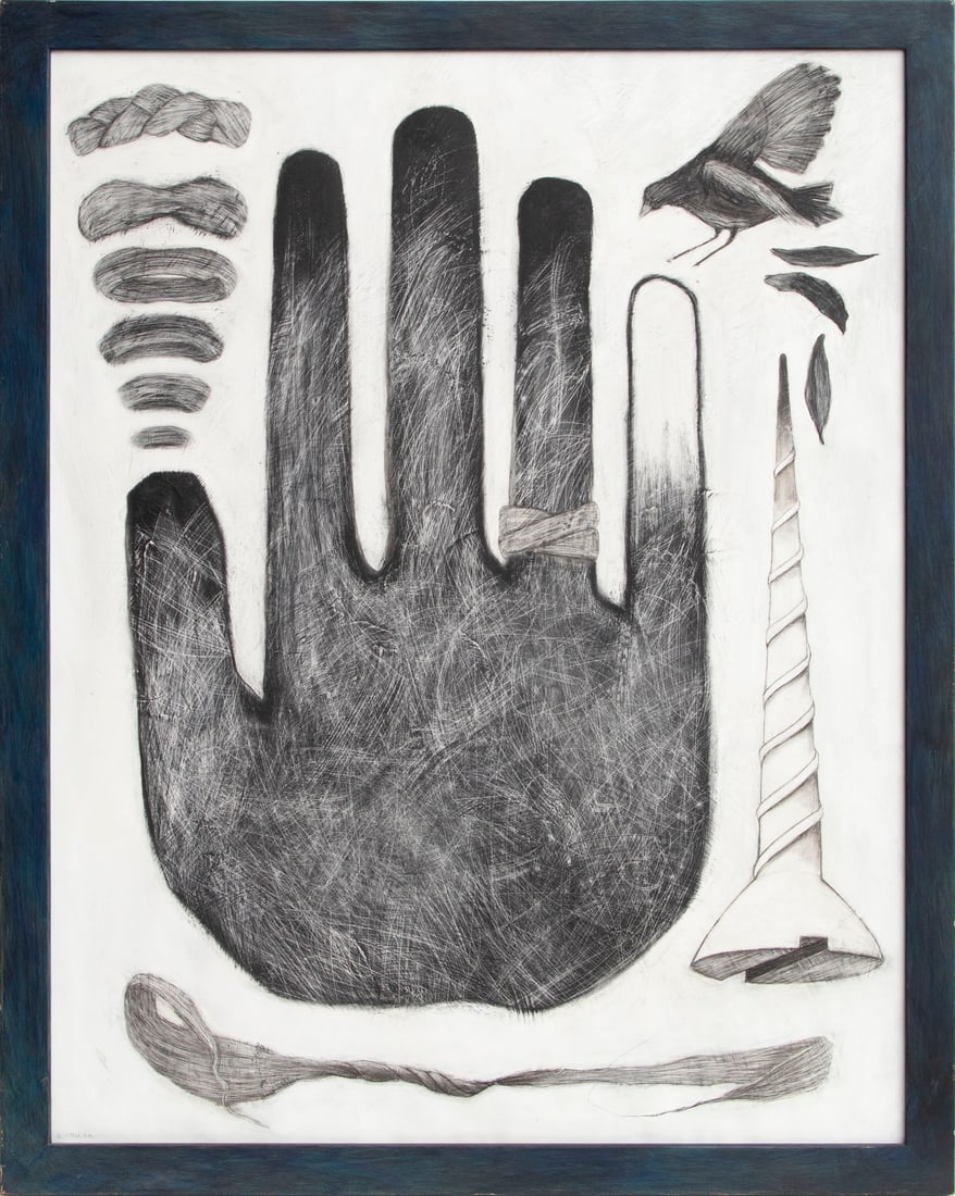 Connie Tell (20 th Century) California: HAMSA, 1992, mixed media on foamcore, signed and dated lower left, signed and dated on verso, artist’s frame with signature on frame on verso, overall 53 ½ x 42 ½”. From a privat
