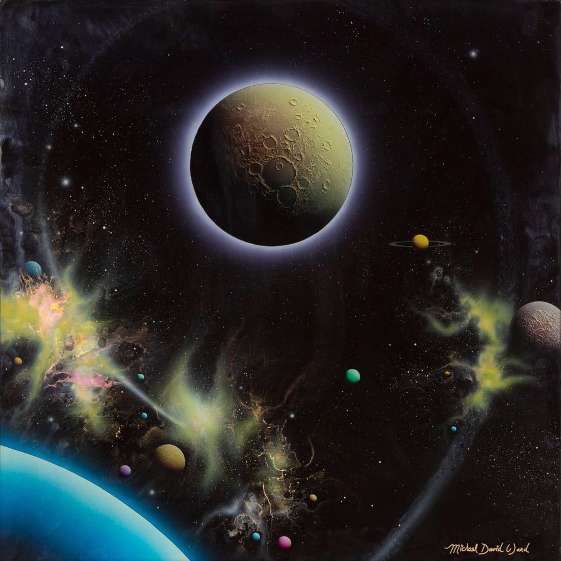 Michael David Ward (b. 1958) Japanese American: MOON BOW, reverse painting on glass, signed on front of glass lower right, 24 x 24”, framed 25 x 25”.