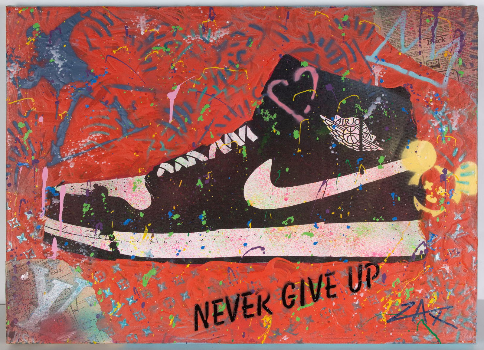E. M. ZAX (20 th / 21 st Century) California: NEVER GIVE UP, acrylic painting with collage and mixed media on canvas, signed lower right, 20 ½ x 28”.