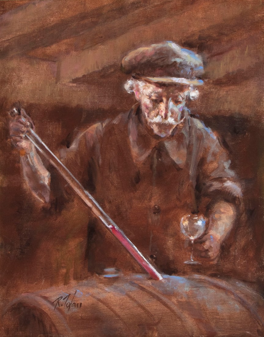 Richard Zolan (1931-2001) Massachusetts: THE WINE CELLAR, 1997, oil painting on canvas, signed lower left, 20 x 16”, frame 29 x 25 x 2 ¼”.