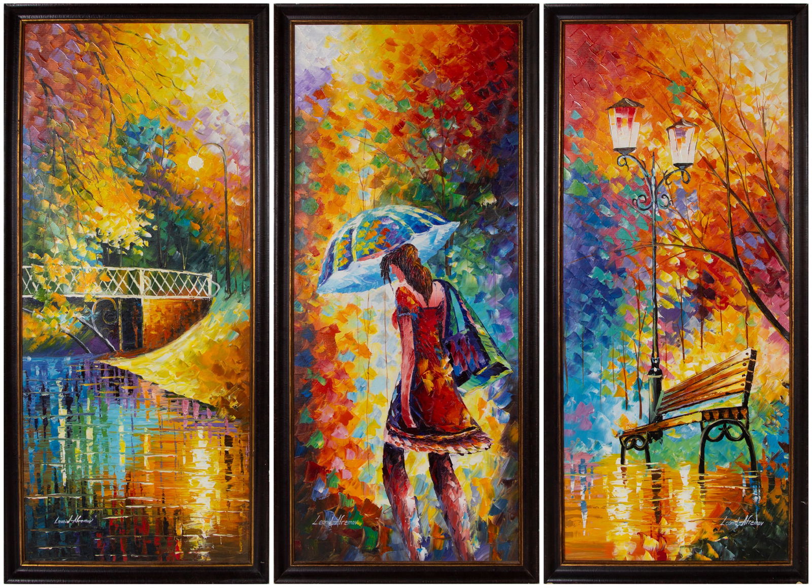 Leonid Afremov (1955-2019) Russian Israeli: IN THE PARK, triptych or three acrylic paintings on canvas, each signed, each 41 ¾ x 17 ¾”, each frame 44 ¼ x 20 ¼”.