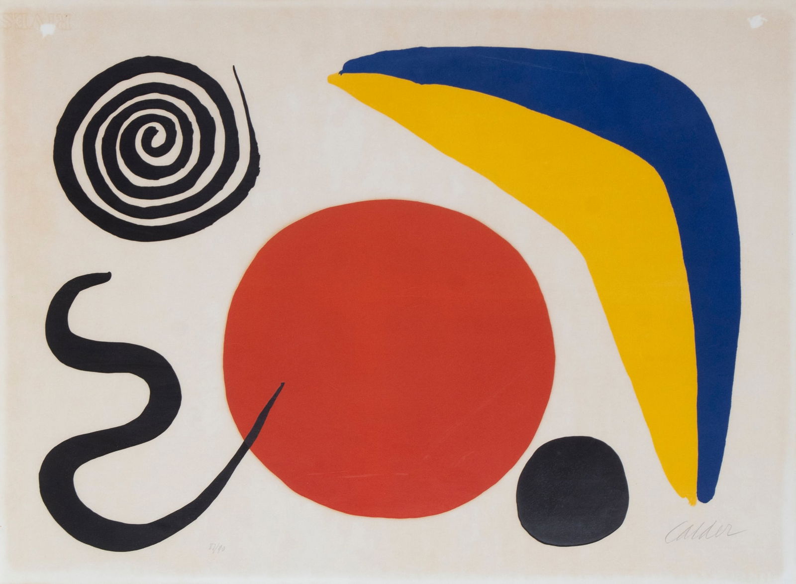 Alexander Calder (1898-1976) American: FRONTON, color lithograph on Rives block letter watermarked paper, signed and numbered 87/90 in pencil, titled in pencil on the verso, sheet 21 ¾ x 29 ¾”, frame 28 x 36” with