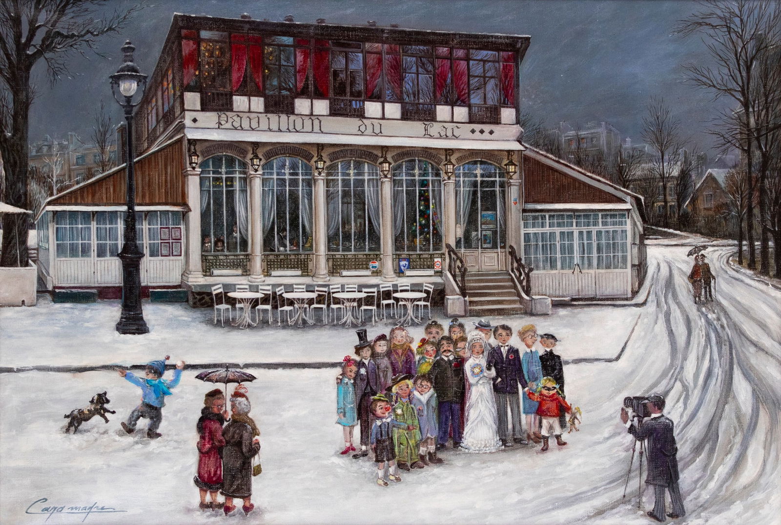 Georges Caramadre (b. 1937) French: THE WEDDING PARTY, oil painting on canvas, signed lower left, signed on verso, 20 x 28 ¾”, frame 22 ¾ x 31 ¾”.