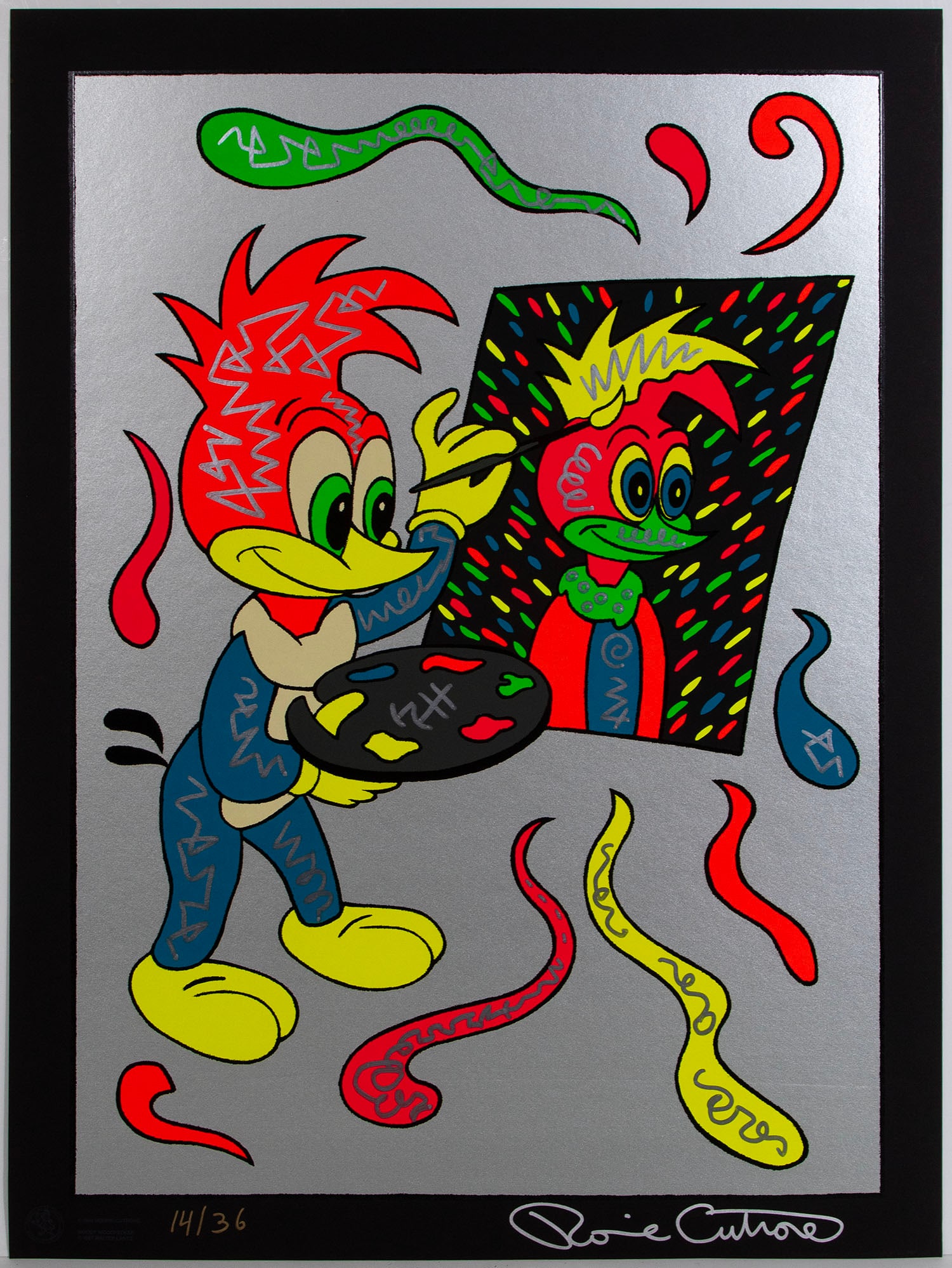 Ronnie Cutrone (1948-2013) American: PAINT YOUR FACE, 1989, color screenprint on deluxe edition black paper with extensive handwork, signed in silver ink and numbered 14/36 in gold ink, image 36 x 26", with full margins, Robert Bane Edit