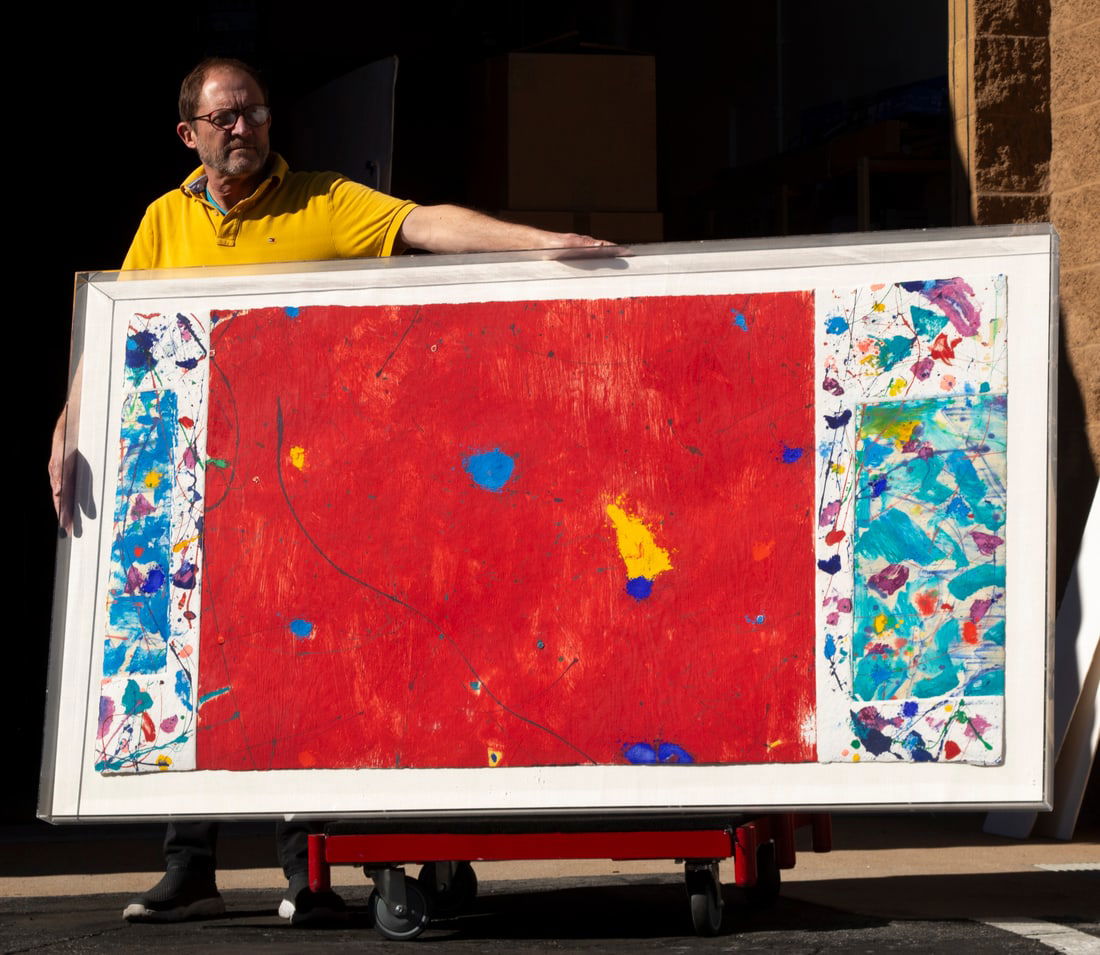 Sam Francis (1923-1994) California: EXP-SF 56-01, 1982, color woodcut monoprint with hand painting on handmade paper, signed in pencil, a strong impression, sheet 36 ¾ x 72”, plexiglass box frame 43 x 77 x 3 ½”