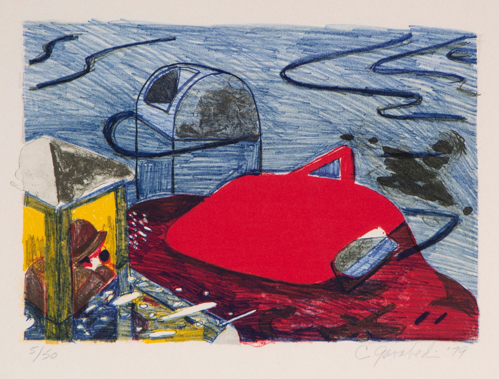 Charles Garabedian (1923-2016) Armenian American: CULVER CITY FLOOD, 1979, color lithograph, signed and numbered 5/50 in pencil, printed by Bud Shark, blind stamp lower right, image 7 x 10”, sheet 19 ½ x 22 ½”, finger-jointe