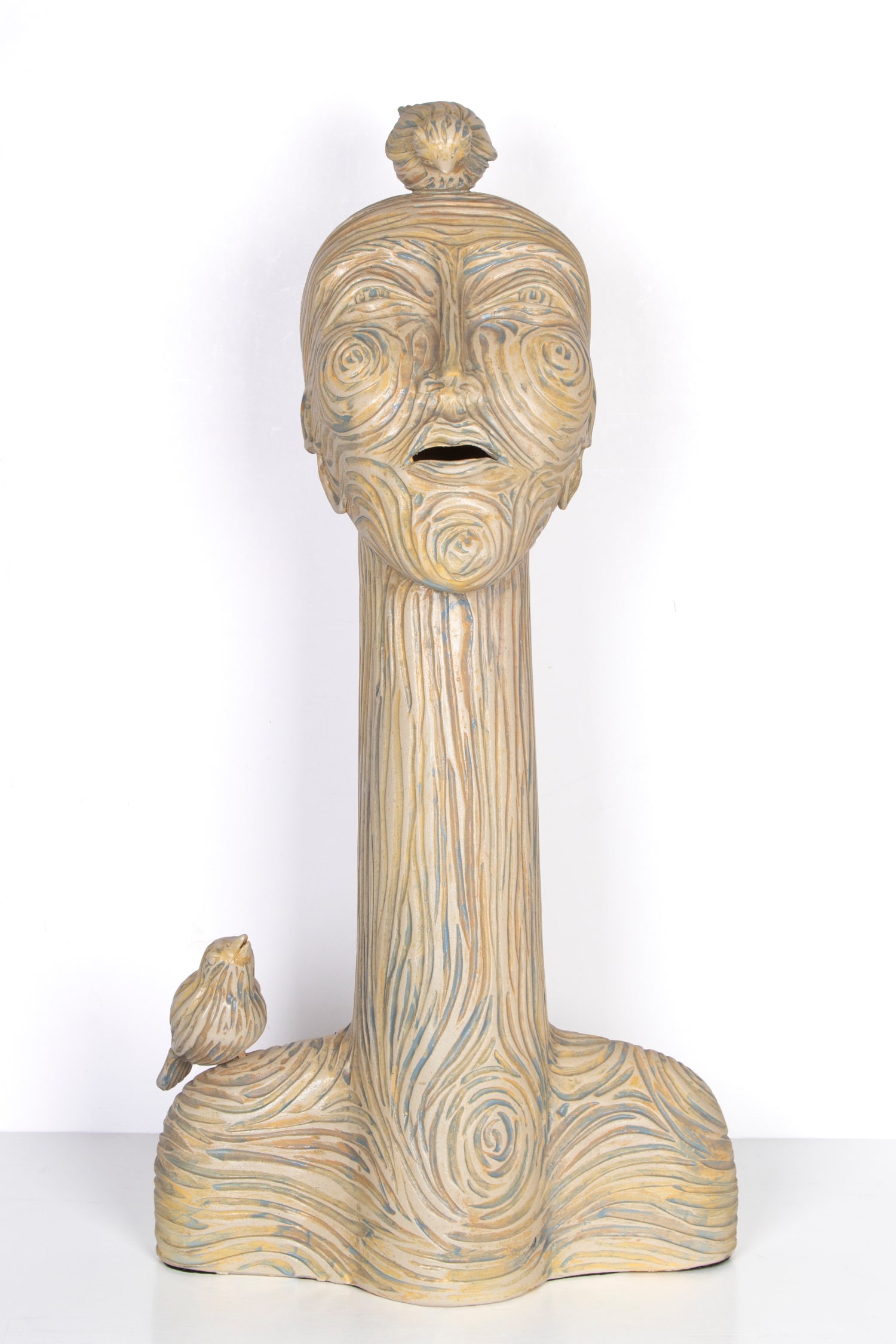 Julie Burt Hawthorne (20 th Century) California: WOMAN WITH TWO BIRDS, painted and glazed ceramic sculpture, signed on verso at bottom, shoulder bird turns and is removable for shipping, overall 29 ½ x 14 ½ x 10 ½”, weight