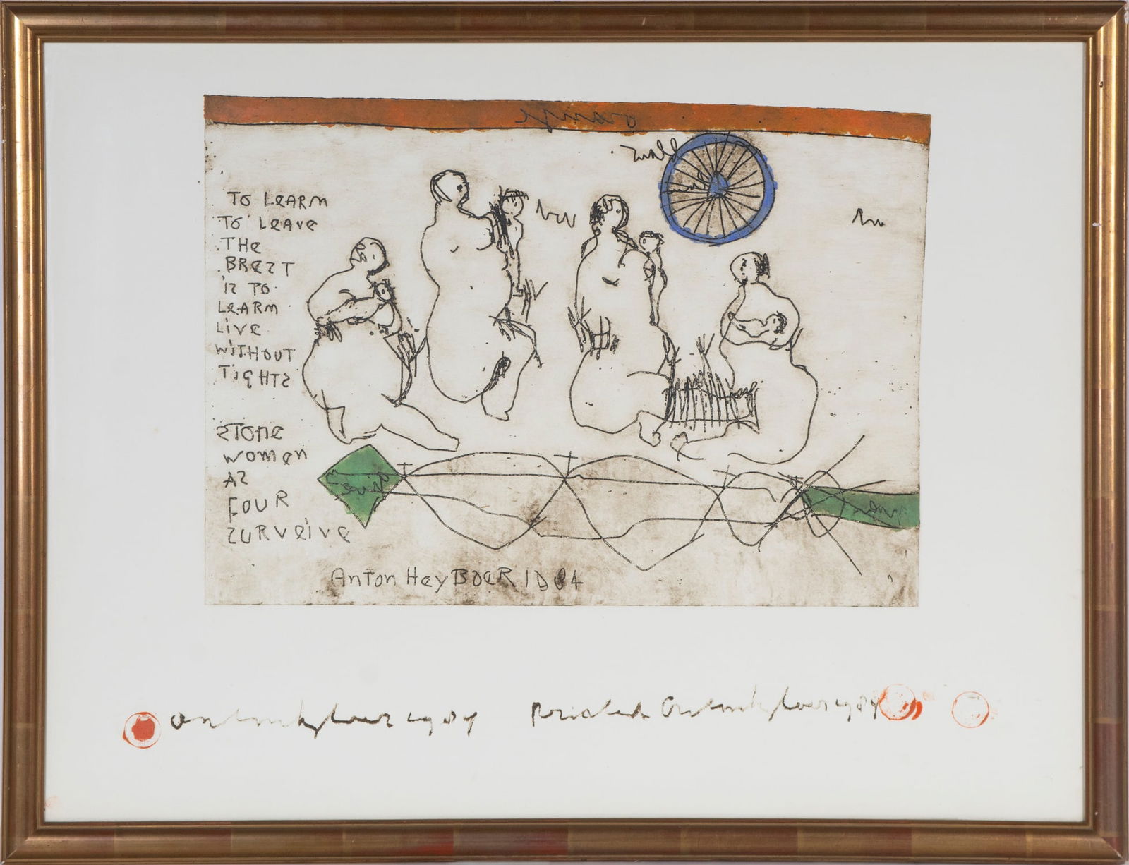 Anton Heyboer (1924-2005) The Netherlands: STONE WOMAN SURVIVE, 1984, color engraving, signed and inscribed in crayon? lower center margin, frame 23 x 29 ½” with glass.