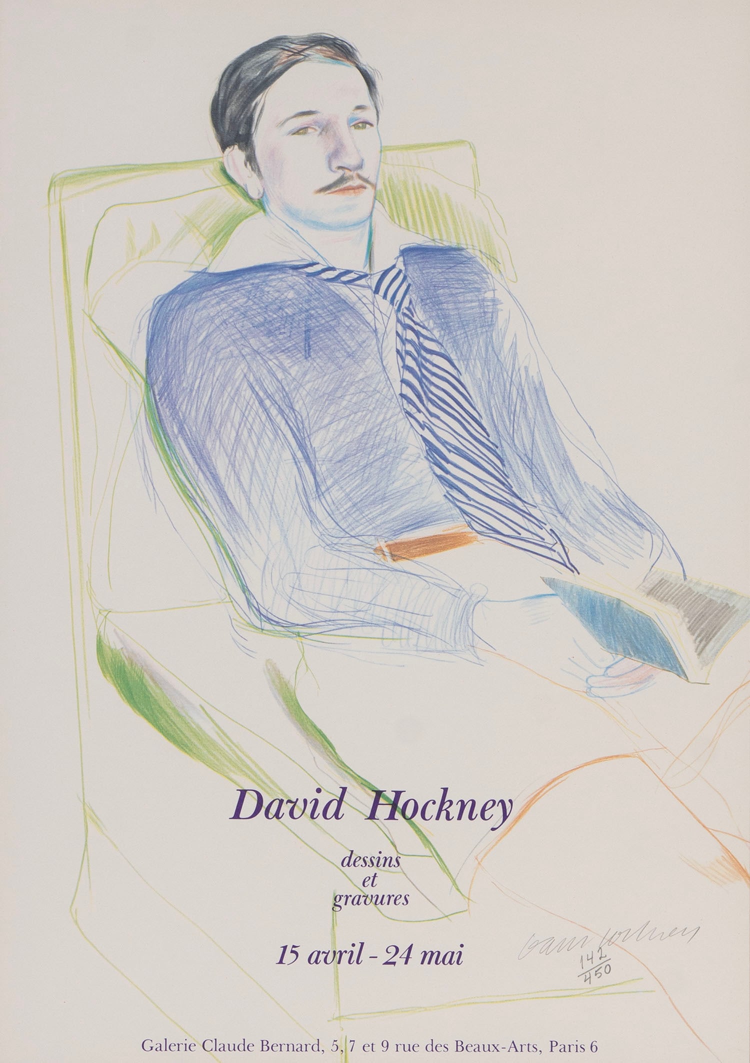 David Hockney (b. 1937) British: DAVID HOCKNEY DESSINS ET GRAVURES, Galerie Claude Bernard exhibition color lithograph poster, signed and numbered 142/450 in pencil, sight 24 ½ x 17 ¼”, frame 32 ½ x 25 &fra
