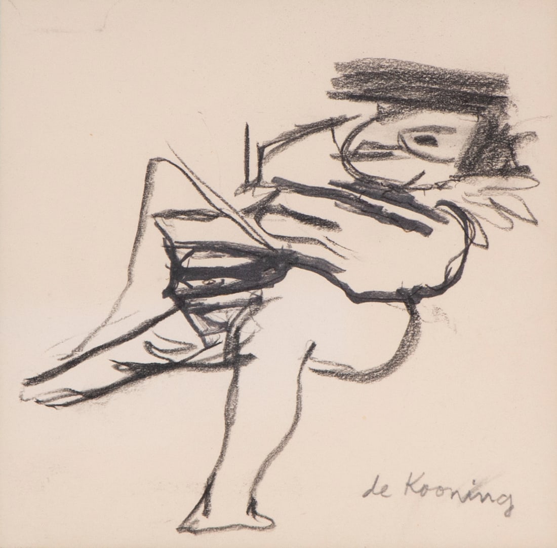 Attributed to or after Willem De Kooning (1904-1997) Dutch American: SITTING WOMAN, charcoal and ink drawing on paper, signed lower right, sight 5 ¾ x 5 ¾”, frame 12 ¼ x 12 ¼” with plexiglass.