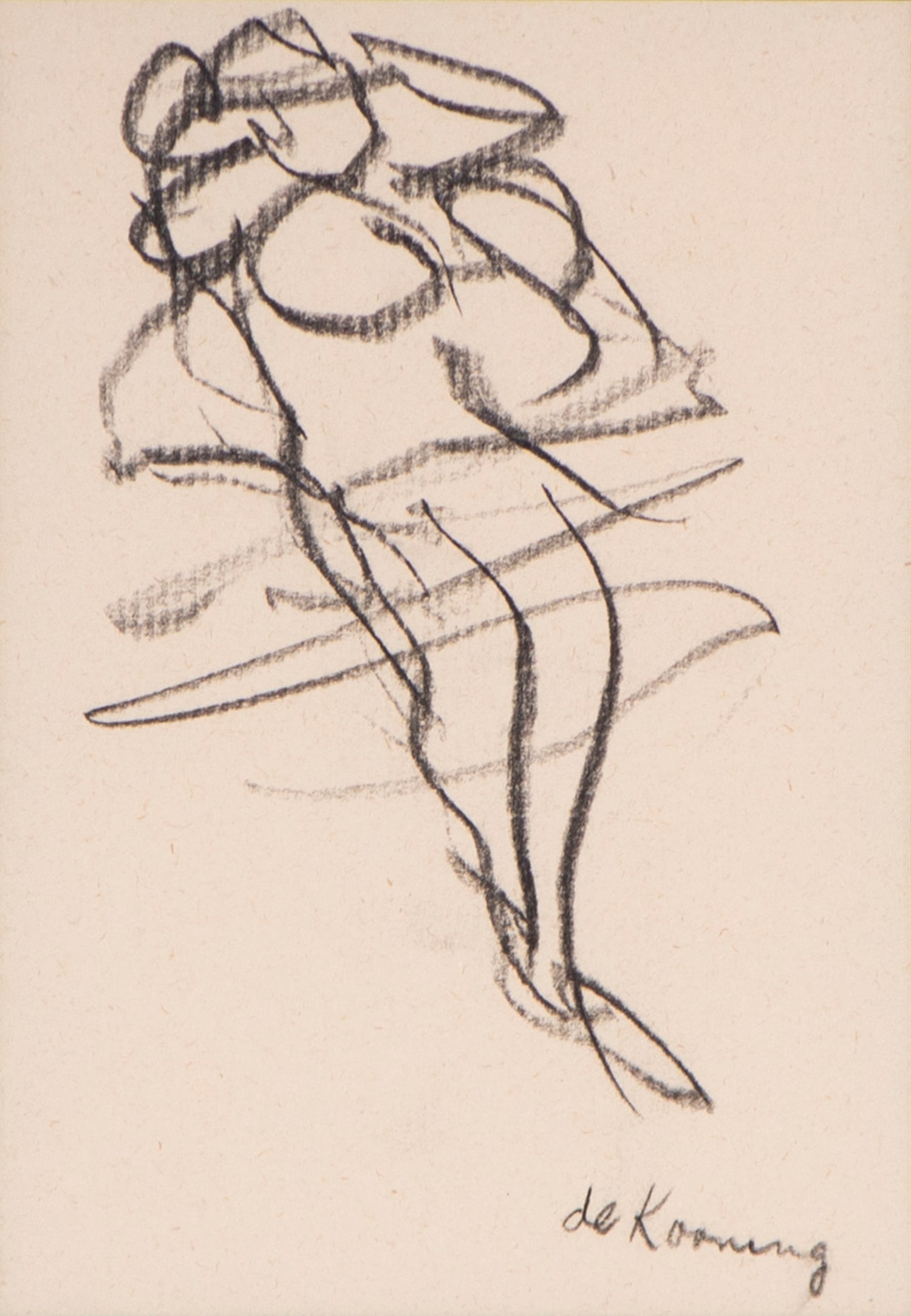 Attributed to or after Willem De Kooning (1904-1997) Dutch American: STANDING WOMAN, charcoal and ink drawing on paper, signed lower right, sight 5 ½ x 4”, frame 12 ¼ x 12 ¼” with plexiglass.