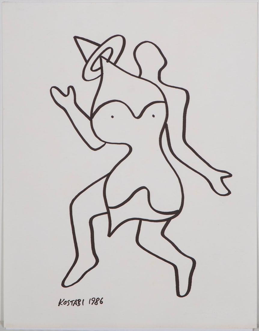 Mark Kostabi (b. 1960) California New York: UNTITLED, 1986, ink drawing on paper, signed and dated lower left, with a pencil inscription on verso, sheet 11 ½ x 9”.