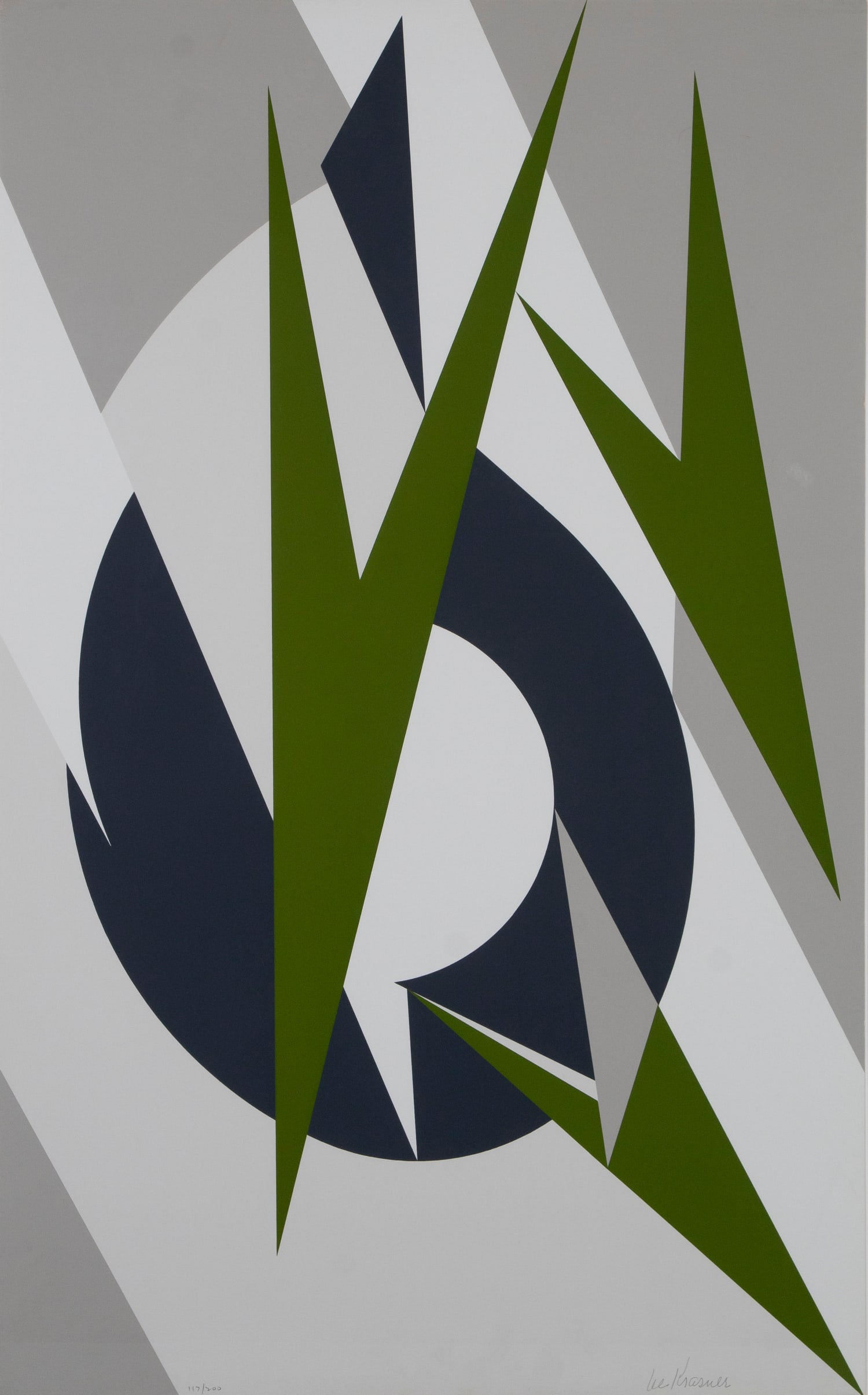 Lee Krasner (1908-1984) New York: UNTITLED, color screenprint, signed and numbered 117/200 in pencil, sheet 40 x 25”, frame 43 ¾ x 28 ½” with glass. Lee Krasner was married to Jackson Pollack.