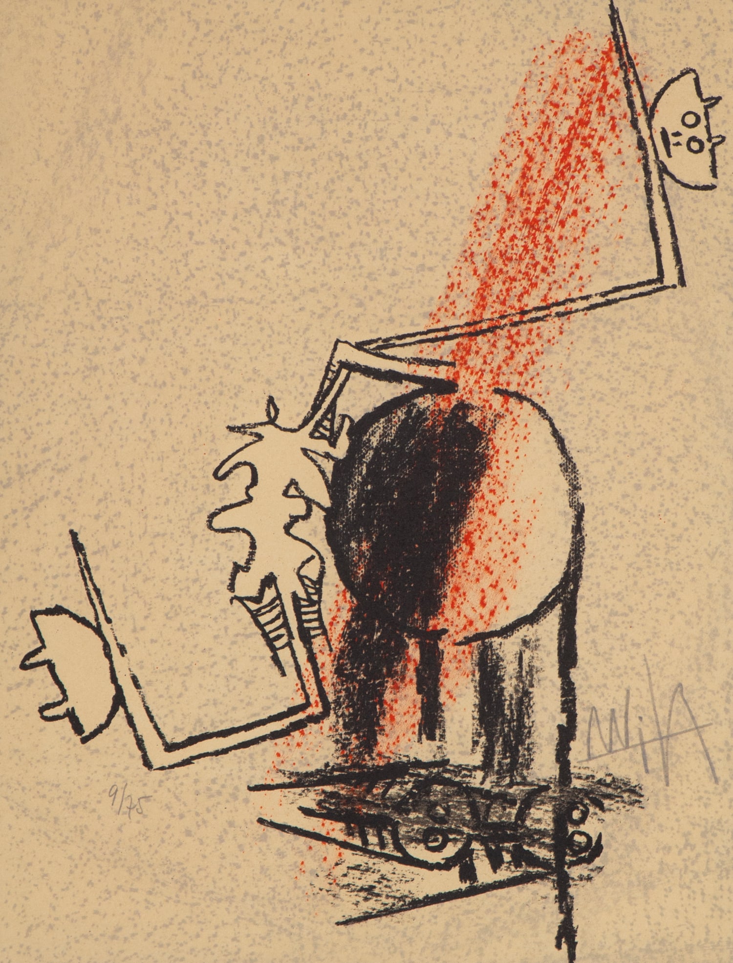 Wifredo Lam (1902-1982) Cuban: UNTITLED, color lithograph, signed and numbered 9/75 in pencil, sheet 13 ½ x 10 ¼”, frame 25 x 21 ½” with glass.