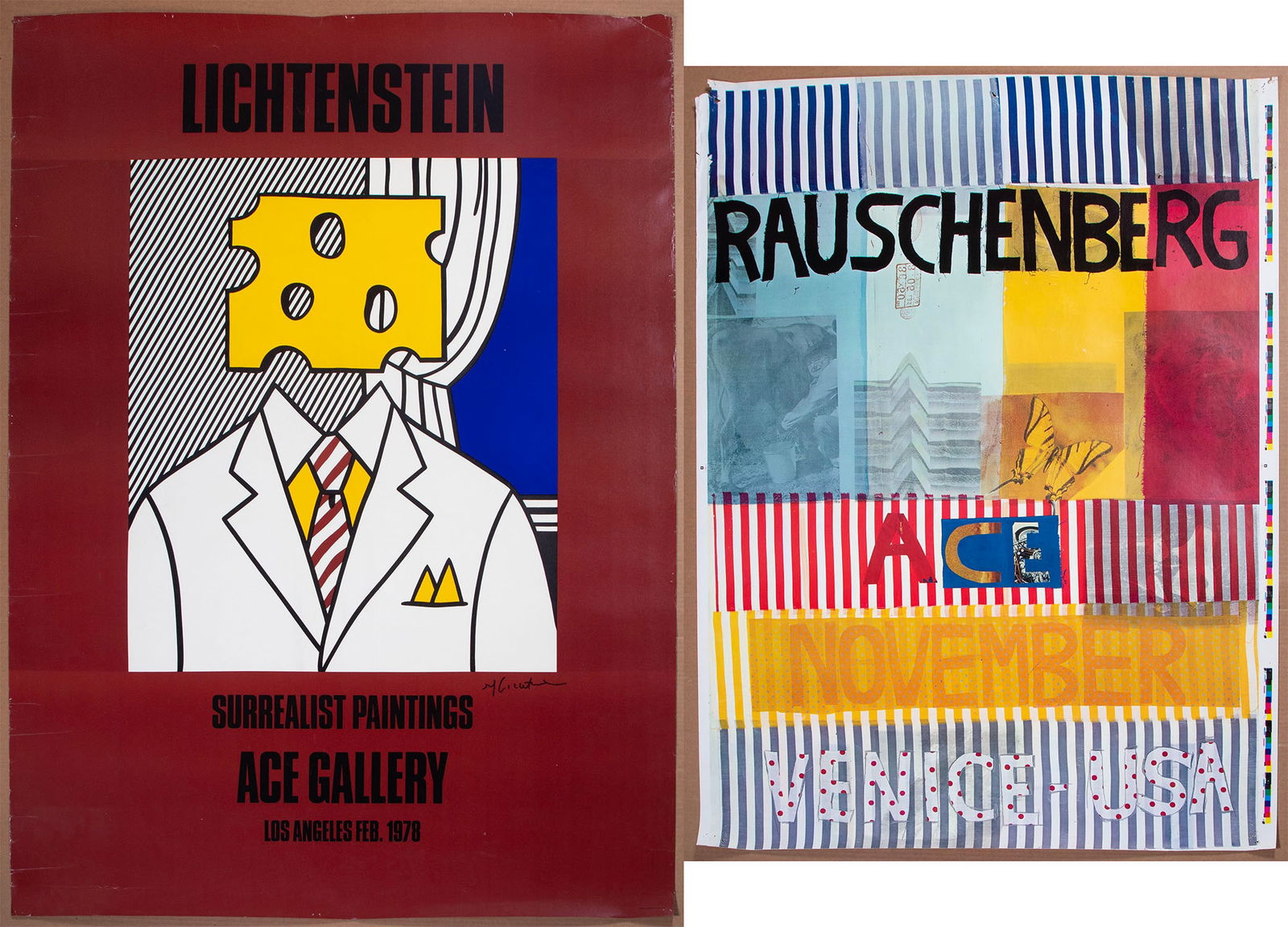 Roy Lichtenstein (1923-1997) New York & Robert Rauschenberg (1925-2008) American (two): Roy Lichtenstein SURREALIST PAINTINGS ACE GALLERY EXHIBITION, 1978, color poster, signed in black marker, 60 x 44”; Together with Robert Rauschengerg, ACE NOVEMBER VENICE-USA, circa 1975,