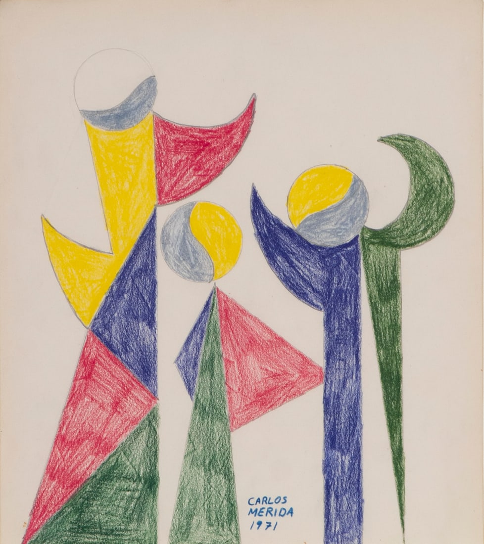 Attributed to or after Carlos Merida (1891-1984) Guatemalan: UNTITLED, 1971, color pencil drawing on paper, signed and dated lower, 12 x 10 ½”, frame with glass 20 x 18 ½”. Provenance: Anthony Concerna of Concerna Authentications, San