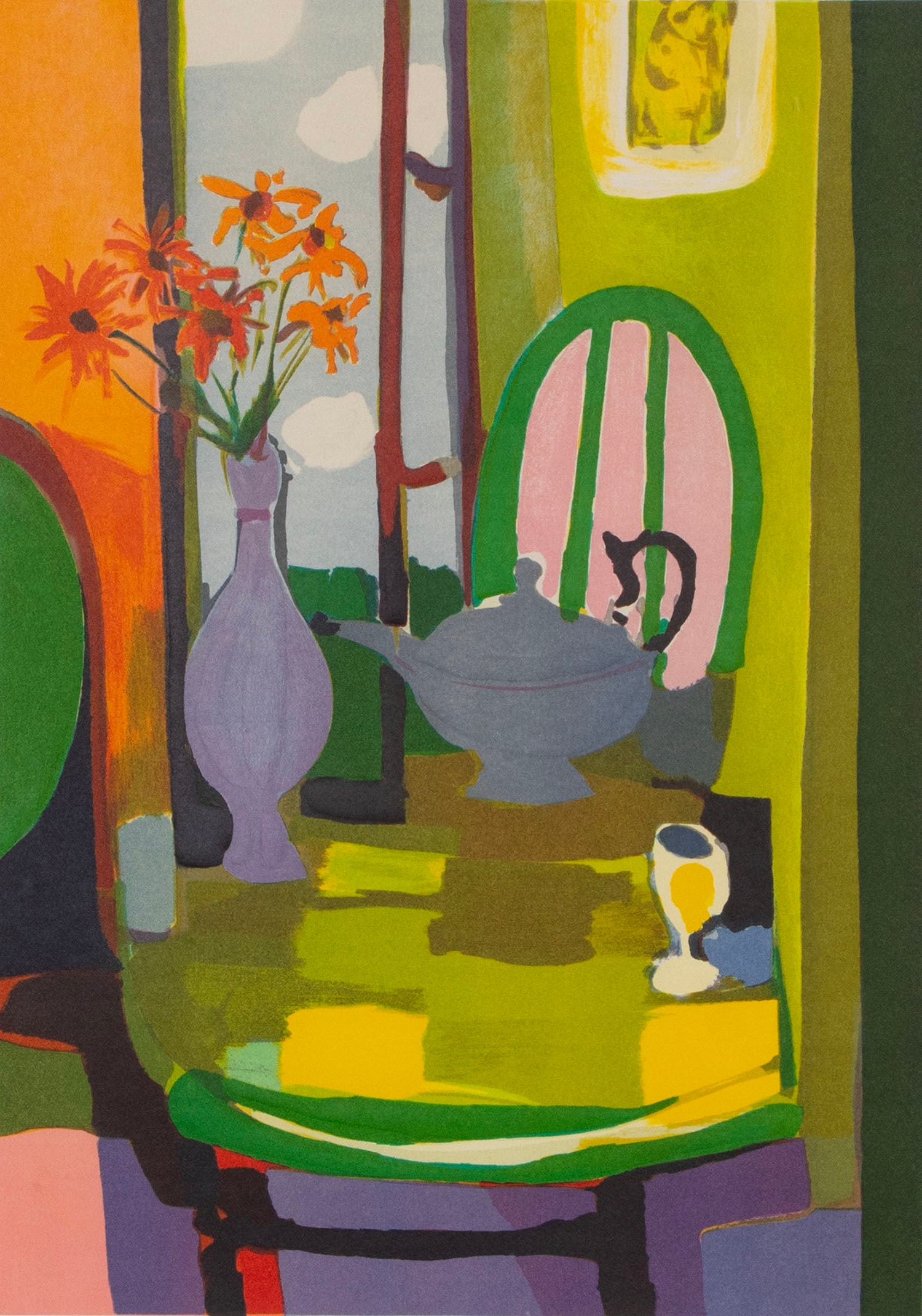 Marcel Mouly (1918-2008) French: INTERIOR, color lithograph with embossing, signed and numbered 219/300 in pencil, image 19 ¾ x 14”, full margins, frame 32 ½ x 26 ½” with glass.