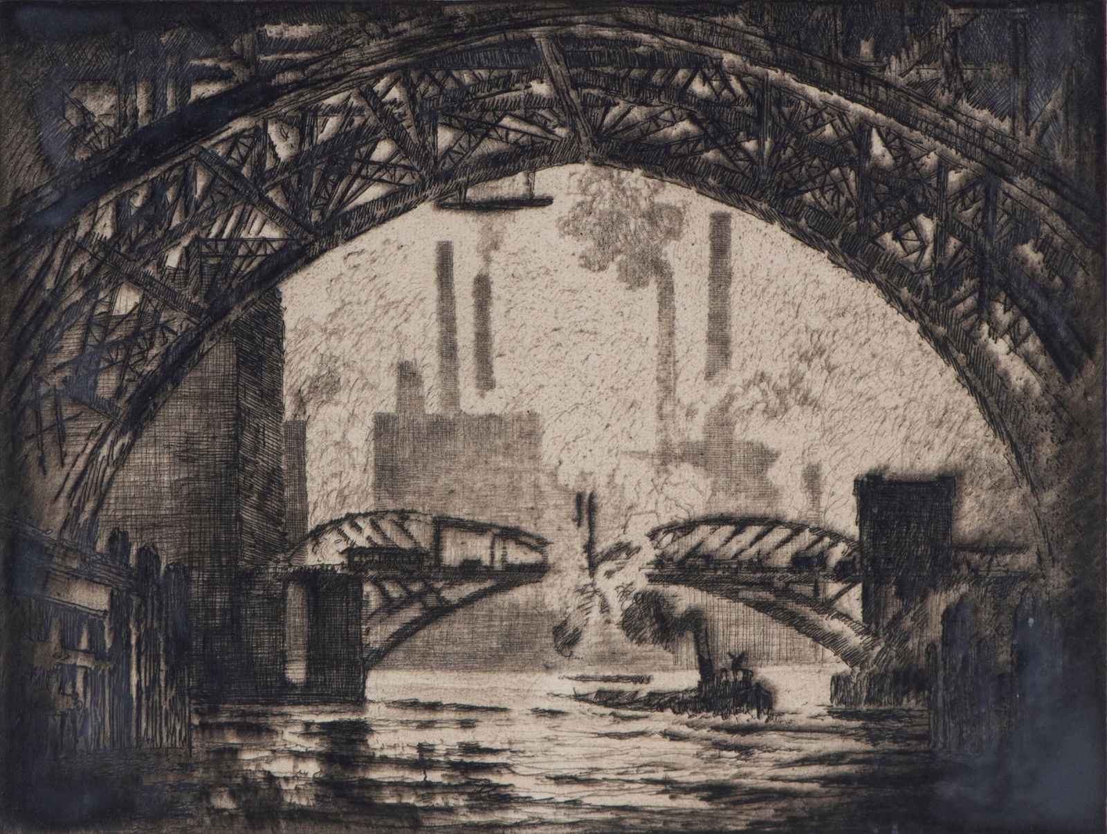 Joseph Pennell (1857-1925) American: UNDER THE BRIDGES, 1910, etching, signed in pencil, plate 9 x 12”, full margins, discardable frame 15 ½ x 18 ¼” with glass with old Sotheby’s New York tag lower right.