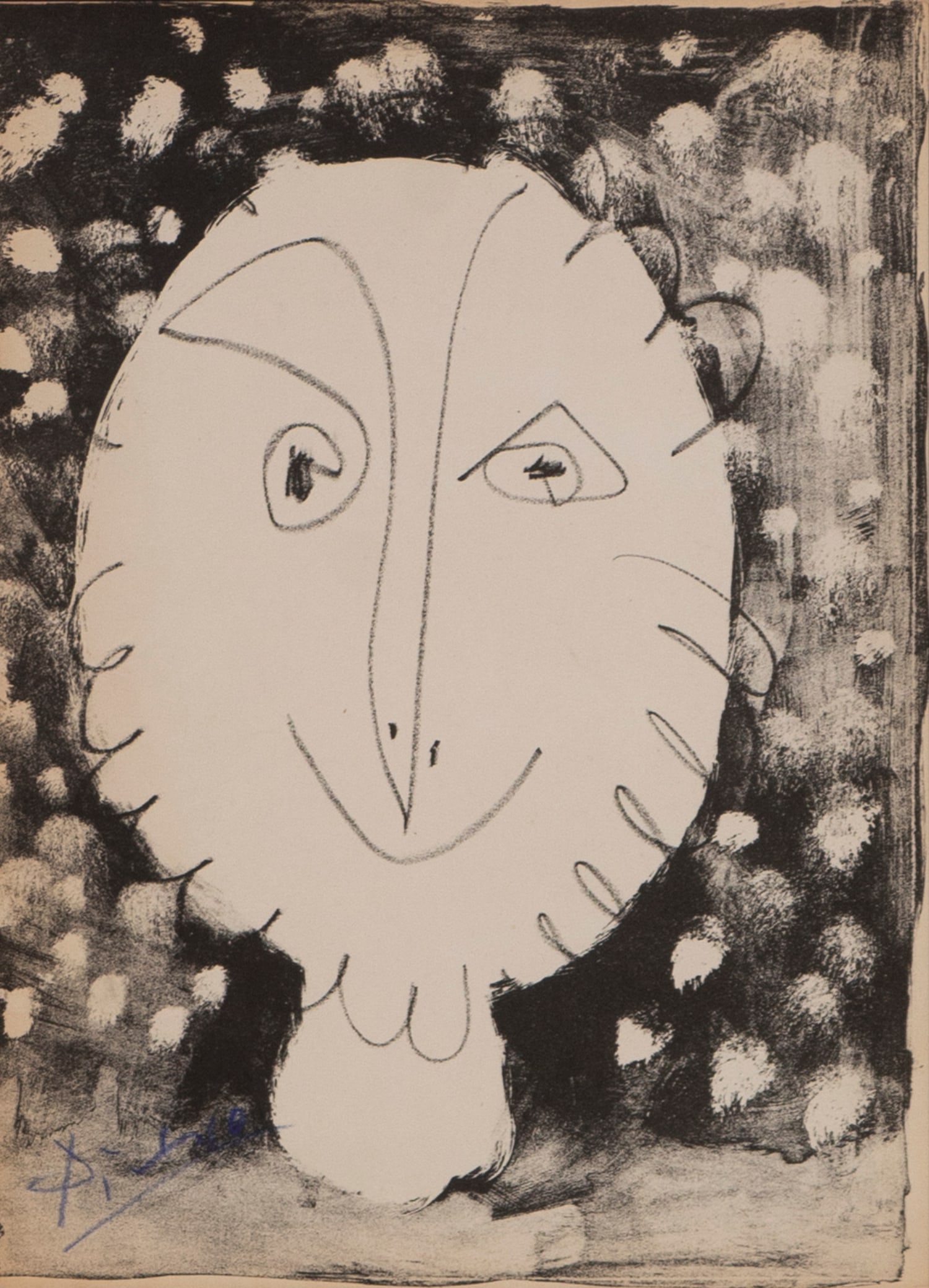 Pablo Picasso (1881-1973) Spanish: COVER MOURLOT I (Mourlot 160; Bloch 591; Cantz 473), 1949, one-half of lithograph book-cover, with spurious signature in blue pencil, sheet reduced to 12 ½ x 9”, frame 26 x 22”