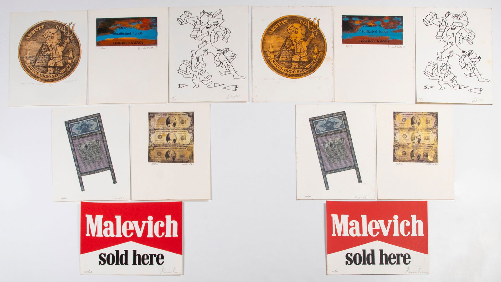 Art=Money? Portfolio: artists include Larry Rivers, Ron English, Roberto Mitrotti, Mark Kostabi,: ART=MONEY?, 1990, two of the same, portfolio, each with six lithographs or screenprints some with hand embellishing, and Larry Rivers lithographed cover, each signed and dated and numbered 85/100 or 9