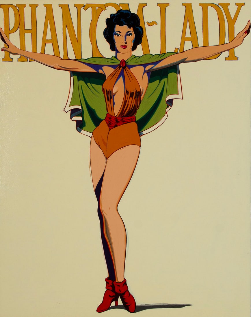 Mel Ramos (1935-2018) California: PHANTOM LADY, 1983, color screenprint on deluxe edition black paper, signed and numbered 98/100 in pencil, artist and DC trademark stamp lower right, Accent Studio blind stamp lower left, image 30