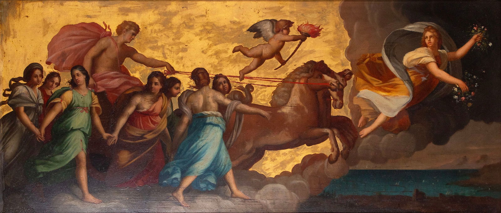after Guido Reni (1575-1642) Italian: APOLLO AND AURORA, well-executed 18 th or 19 th century rendition, oil painting on wood panel, signed or inscribed on the verso, 14 ½ x 31 ½”, frame 19 ¼ x 36