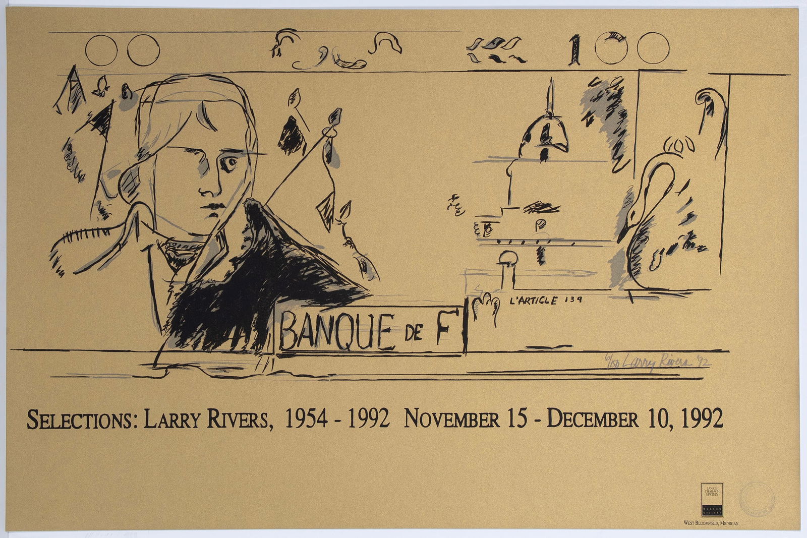 Larry Rivers (1923-2002) American: BANQUE, 1992, color screenprint, signed and dated and numbered 6/150 in pencil, published for the artist’s exhibition at the Janice Charach Epstein Museum Gallery, West Bloomfield Michigan, with