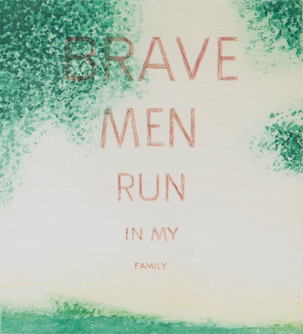 Ed Ruscha (b. 1937) California & Jim Ganzer (b. 1945) California: BRAVE MEN RUN IN MY FAMILY, 1983, two etchings on one sheet, signed by each artist in pencil, numbered 17/40, with Abury Press blind stamp, sheet 22 ½ x 30”, frame 28 x 35