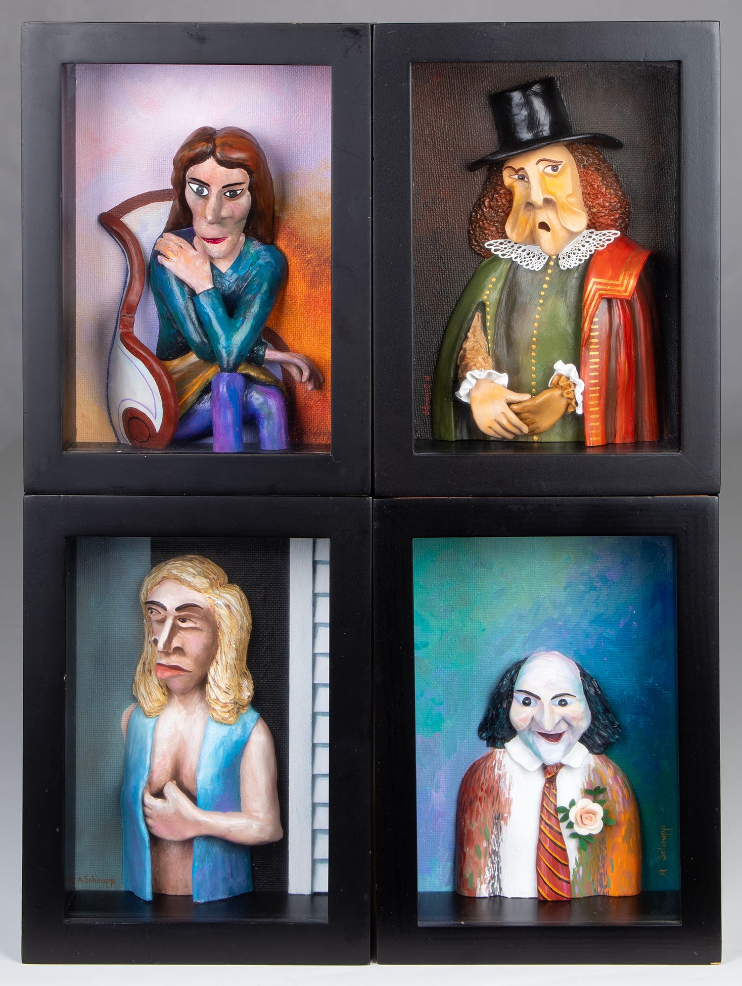 Al Schnupp (20 th Century) California (four): PORTRAITS BY GREAT ARTISTS V: Alice Neel, Rembrandt, Edward Hopper, Picasso, four mixed media sculptures, each signed, each in 7 ¾ x 5 ¾ x 2 ¾” frame with glass. (4)