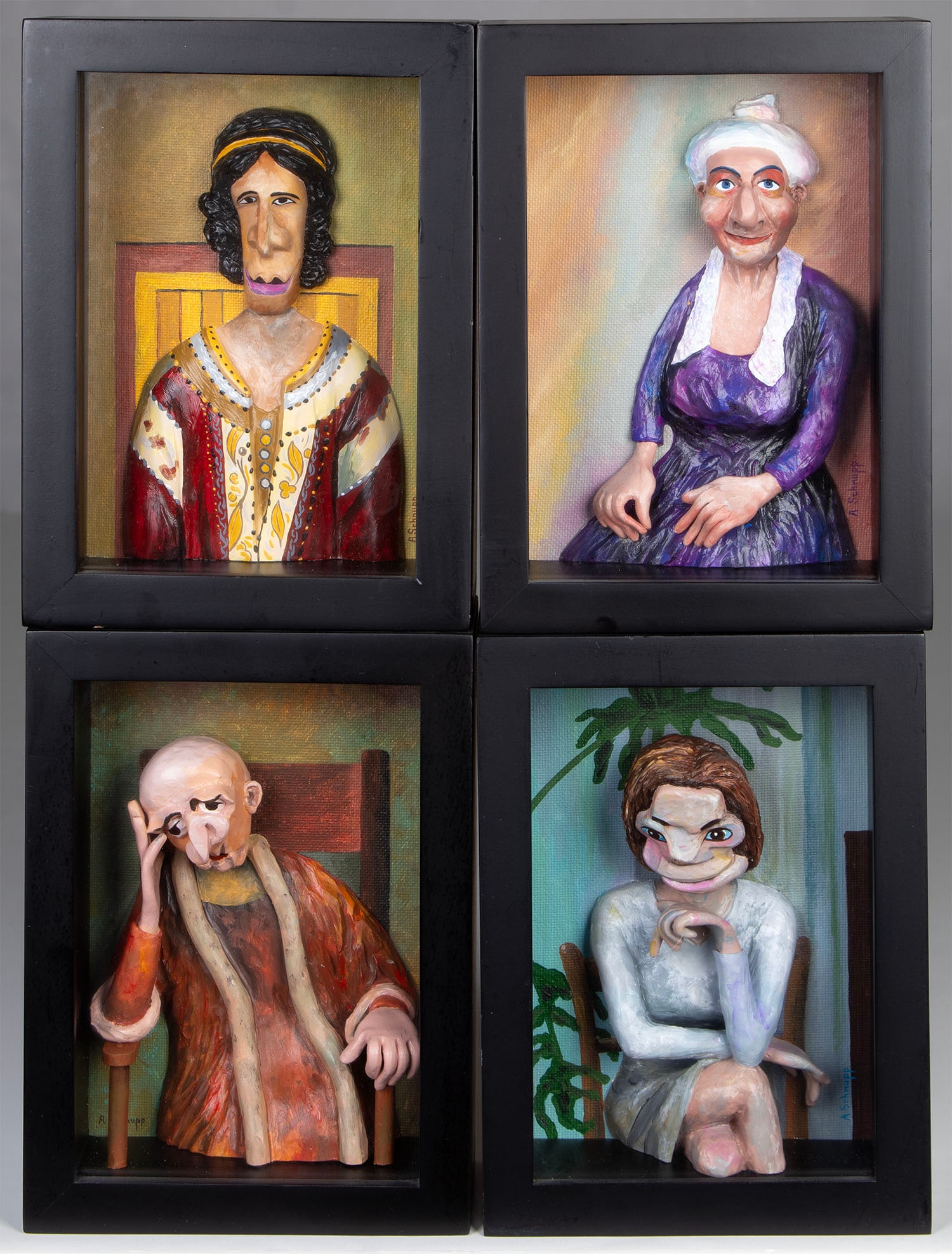 Al Schnupp (20 th Century) California (four): PORTRAITS BY GREAT ARTISTS VI: Matisse, Edward Hopper, Rembrandt, Alice Neel, four mixed media sculptures, each signed, each in 7 ¾ x 5 ¾ x 2 ¾” frame with glass. (4)