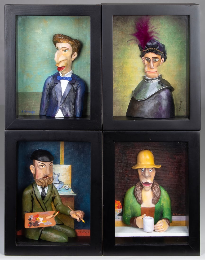 Al Schnupp (20 th Century) California (four): PORTRAITS BY GREAT ARTISTS VII: Lovis Corinth, Rembrandt, Matisse, Edward Hopper, four mixed media sculptures, each signed, each in 7 ¾ x 5 ¾ x 2 ¾” frame with glass. (4)