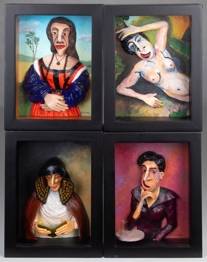 Al Schnupp (20 th Century) California (four): PORTRAITS BY GREAT ARTISTS VIII: Raphael, Matisse, Rembrandt, Alice Neel, four mixed media sculptures, each signed, each in 7 ¾ x 5 ¾ x 2 ¾” frame with glass. (4)