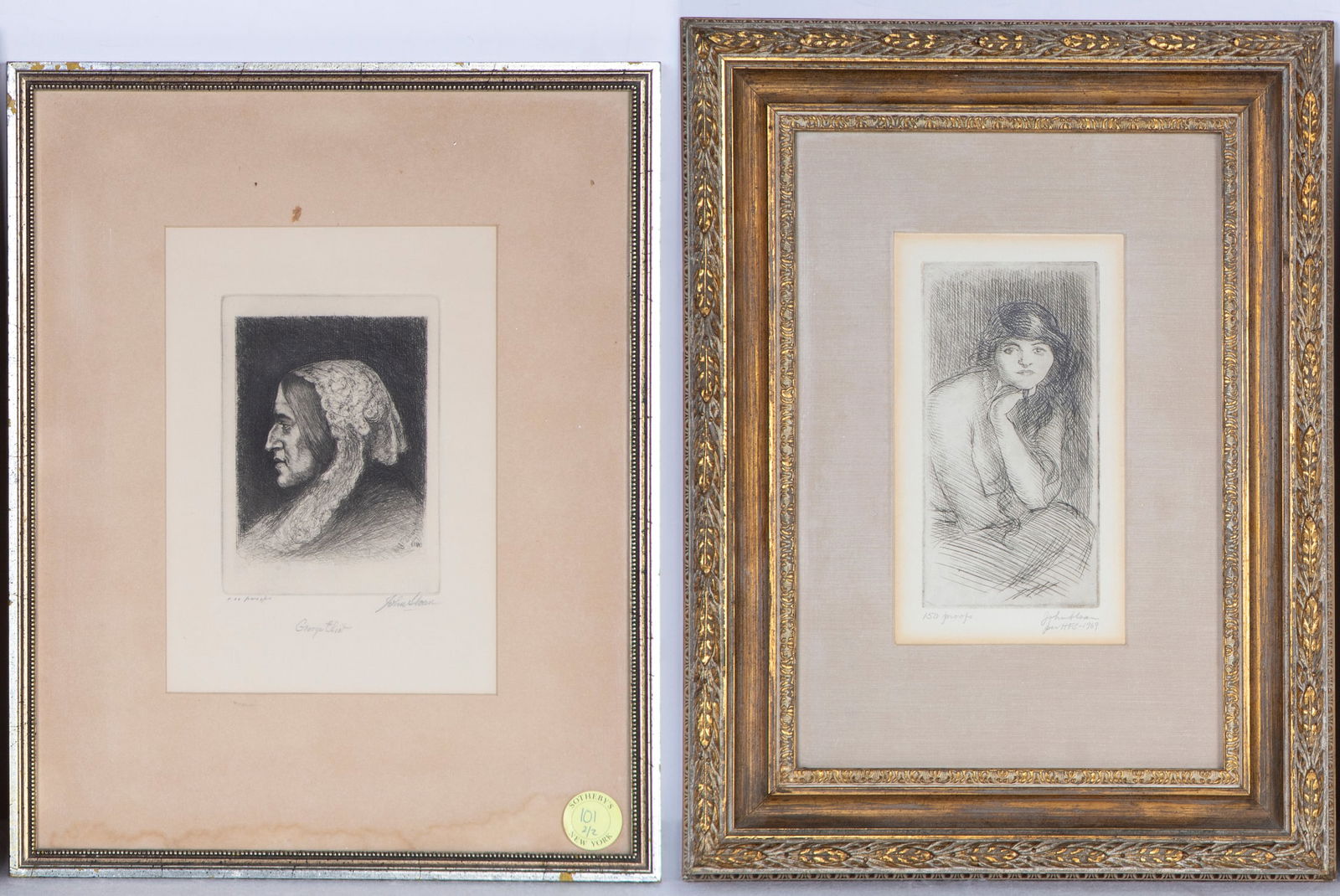 John Sloan (1871-1951) Pennsylvania (two): GEORGE ELIOT; SEATED WOMAN, two etchings, the first signed in pencil, titled and inscribed 100 proofs, the second inscribed 150 proofs and estate signed per HFS-1969, plates 5 ¼ x 4” & 6