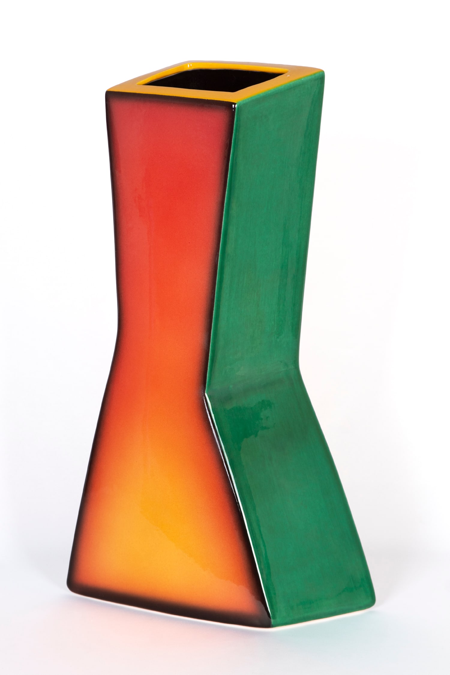 Fred Stodder (b. 1957) California: Post modern painted and glazed rectangular ceramic vase, signed underneath, 14 ½ x 7 ¾ x 3 ¾”.