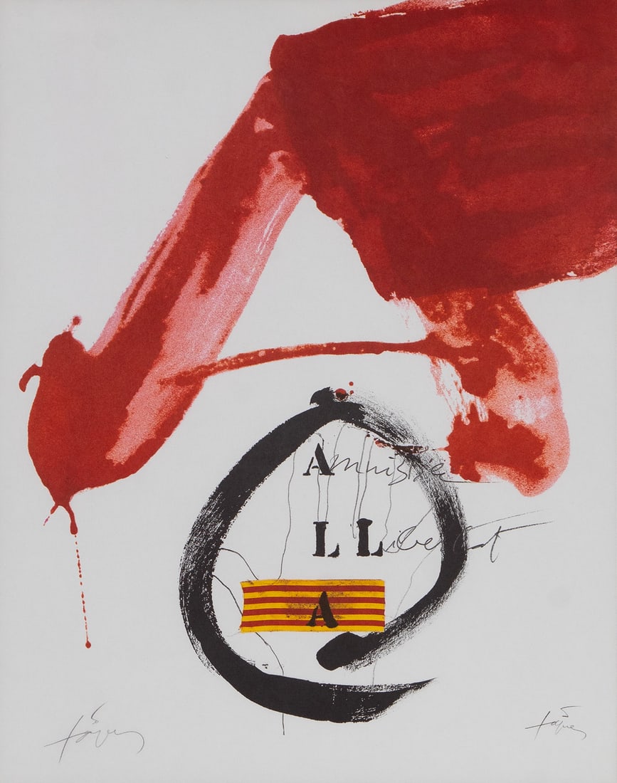 Antoni Tapies (1923-2012) Spanish: AMNESTIE LIBERTE, 1976, color poster, signed in pencil and signed in the design, 22 ¾ x 18”, frame 31 x 26” with glass.