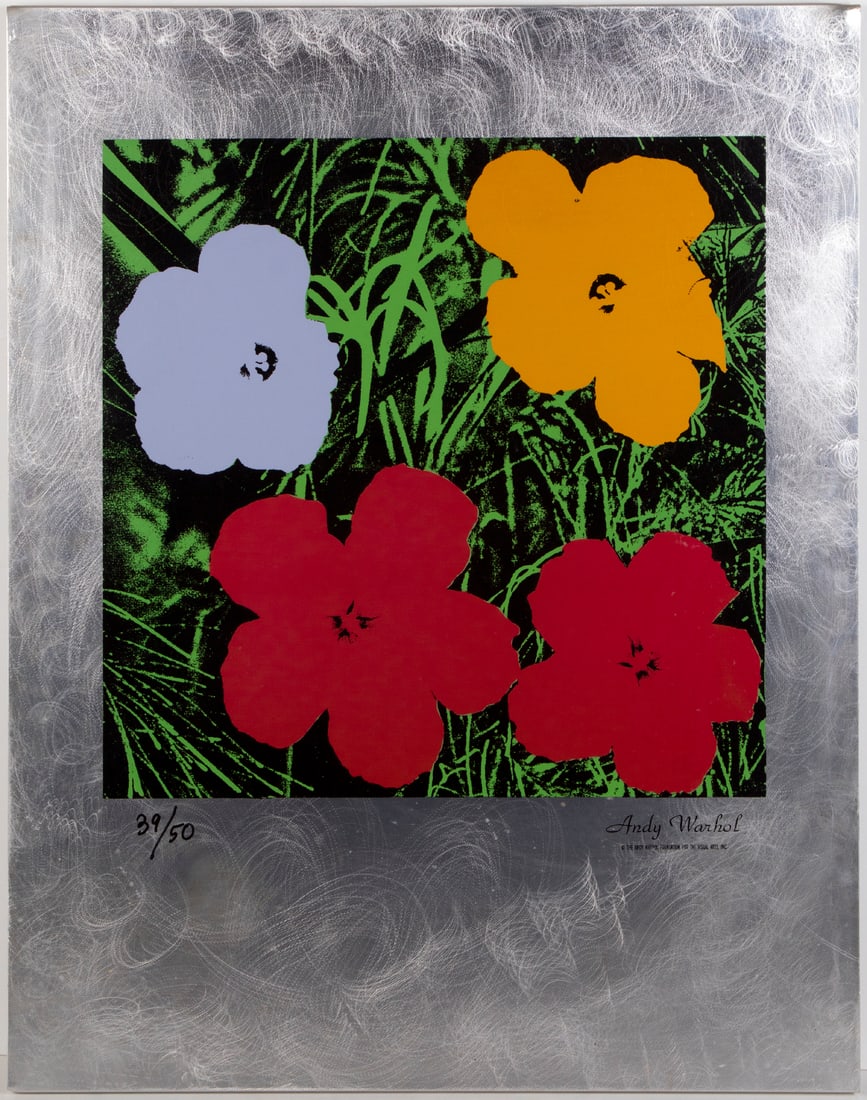 Andy Warhol (1928-1987) New York: FLOWERS from the Master American Contemporaries, color screenprint on brushed sheet metal, stamped Andy Warhol and copyrighted the Andy Warhol Foundation for the Visual Arts, Inc. lower right,
